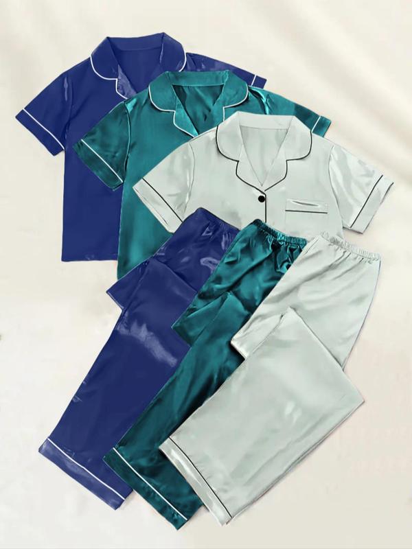 Womenswear Solid Satin Homewear Pyjama Set, Short Sleeve Lapel Neck Pocket Shirt & Elastic Waist Pants PJ Set, Minimalist Comfortable Sleepwear Set for Women