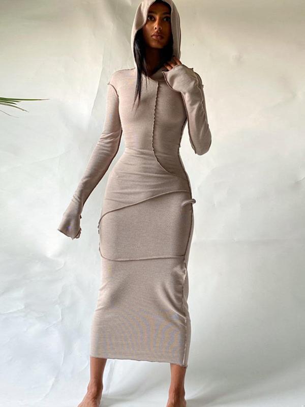 Minimalist Plain Drop Shoulder Longsleeves Hooded Bodycon Dress, Womenswear, Long Sleeve Solid Long Dresses, Womenswear, Lady Please Purchase A Size Up