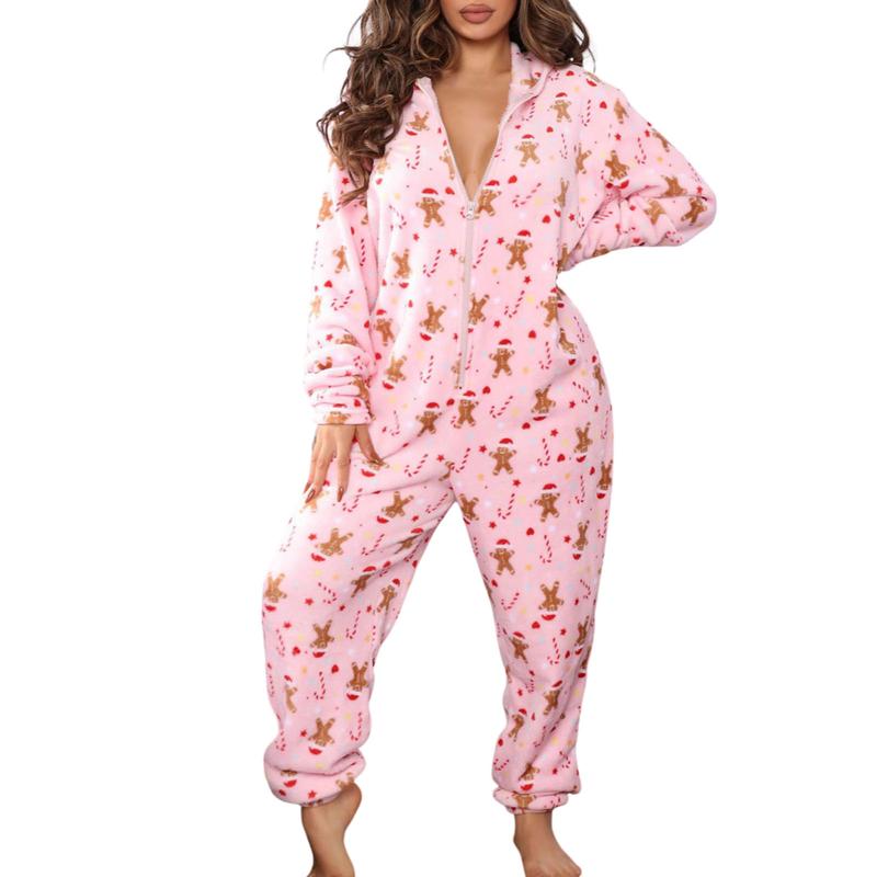 Christmas Hooded Jumpsuit for Women Zipper Fleece  Pjs Family Holiday Adult Cozy Pajamas Sleepwear