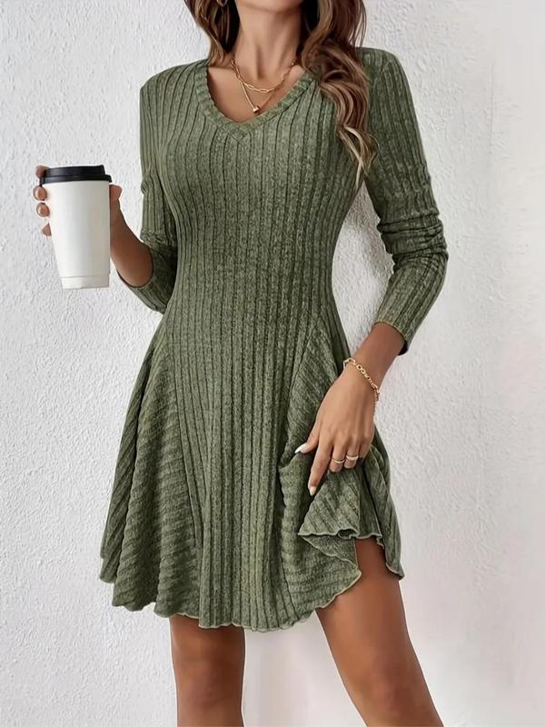 Fall Women's Plain Lettuce Trim V Neck A Line Dress, Casual Long Sleeve Short Dress for Fall & Winter, Modern Fashion Casual Dresses, Ladies Clothes for Daily Wear, Comfort Summer Womenswear