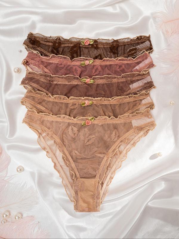 Women's Solid Color Floral Design Tulle Frill Trim Panty, Soft Comfy Breathable Knicker for Daily Wear, Underwear for All Seasons