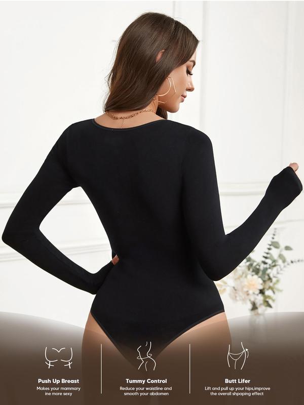 Women's Plain Round Neck Long Sleeve Bodysuit, Casual Seamless One-piece Outfit for Spring & Fall, Women's Clothes for Daily Wear