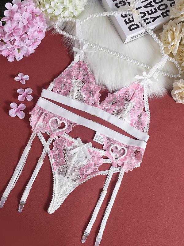 Women's Floral Embroidery Sheer Tulle Sexy Lingerie Three-piece Set, Adjustable Strap Bow Front Bra & Thong & Garter Belt Set, Lingerie Set for Women