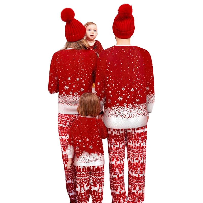 Family Christmas pajamas long-sleeved deer snowflake print pullover T-shirt with free pants Womenswear Clothing