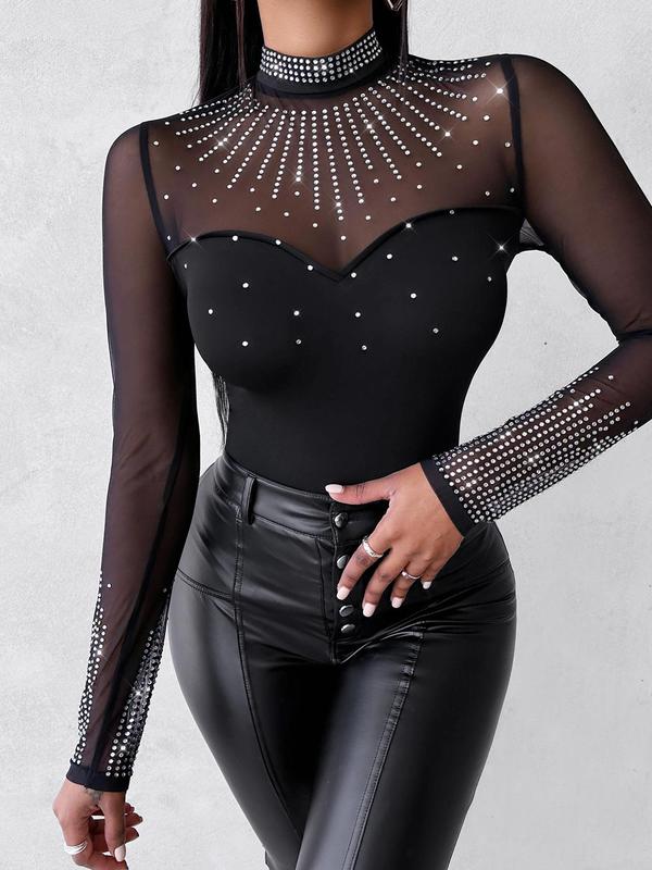 Women's Rhinestone Decor Contrast Mesh Mock Neck Bodysuit, Sexy Long Sleeve Bodysuit for Party Club Dating, Ladies Clothes for All Seasons