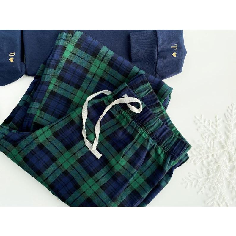 Matching couples pyjamas Christmas long sleeve tartan check gingham blue green initials his her pyjamas boyfriend girlfriend 1st Christmas Christmas Gifts.