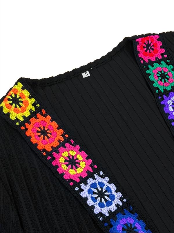 Women's Ethnic Pattern Embroidery Long Sleeve Sweater Cardigan, Elegant Open Front Ribbed Knitwear for Fall & Winter, Fashion Women's Knit Clothing for Daily Wear