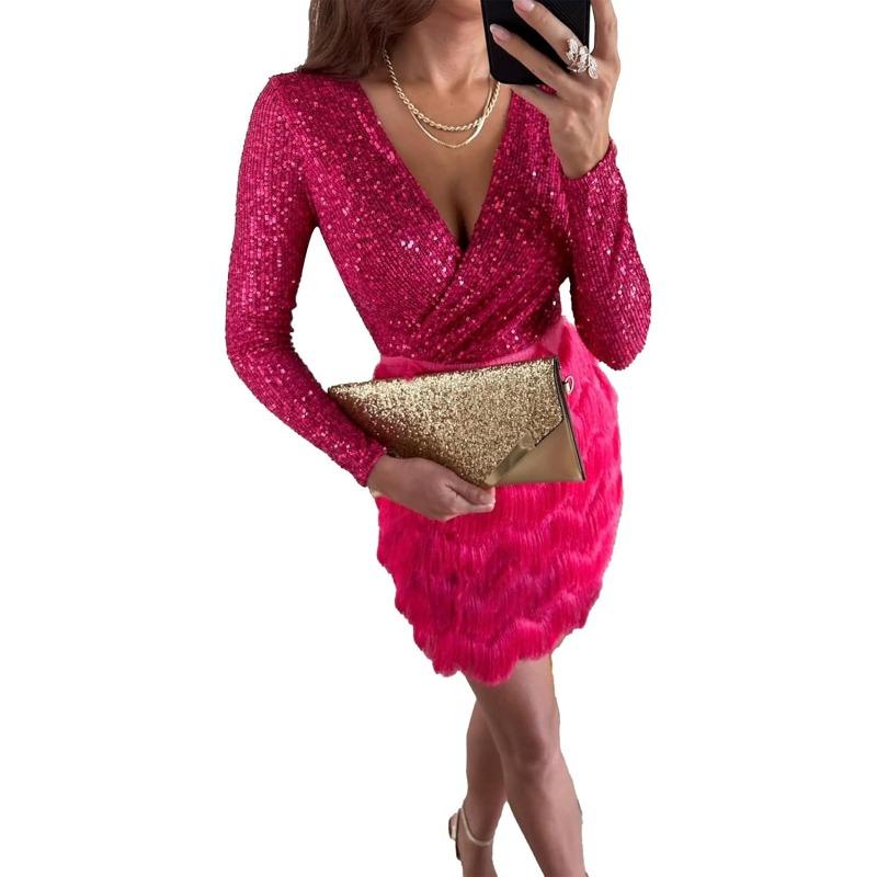 Women's Wrap V Neck Long Sleeve Pencil Mini Dress Sequin Top Fringe Skirt Flapper Cocktail Short Dress