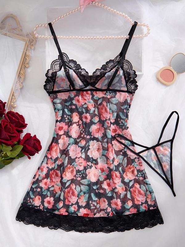 Women's Floral Print Contrast Lace Cami Nightdress & Thong Two-piece Set, Adjustable Spaghetti Strap Backless Nightgown & Panty, Women's Sleepwear for All Seasons