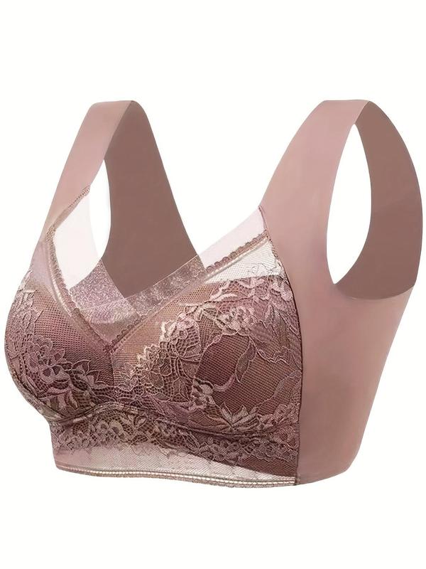 Women's Solid Floral Lace Contrast Mesh Sheer Backless Bra, Casual Comfy Breathable Wireless Lingerie for Daily Wear, Women's Lingerie for All Seasons