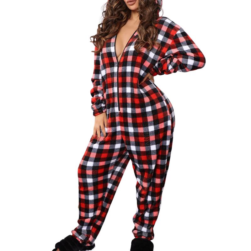 Christmas Hooded Jumpsuit for Women Zipper Fleece  Pjs Family Holiday Adult Cozy Pajamas Sleepwear