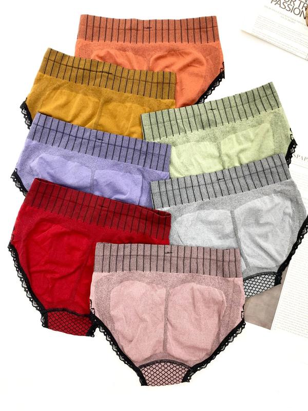 Women's Colorblock Graphic Print Contrast Lace High Waist Panty, Breathable Comfortable Knicker for Daily Wear, Ladies Underwear for All Seasons