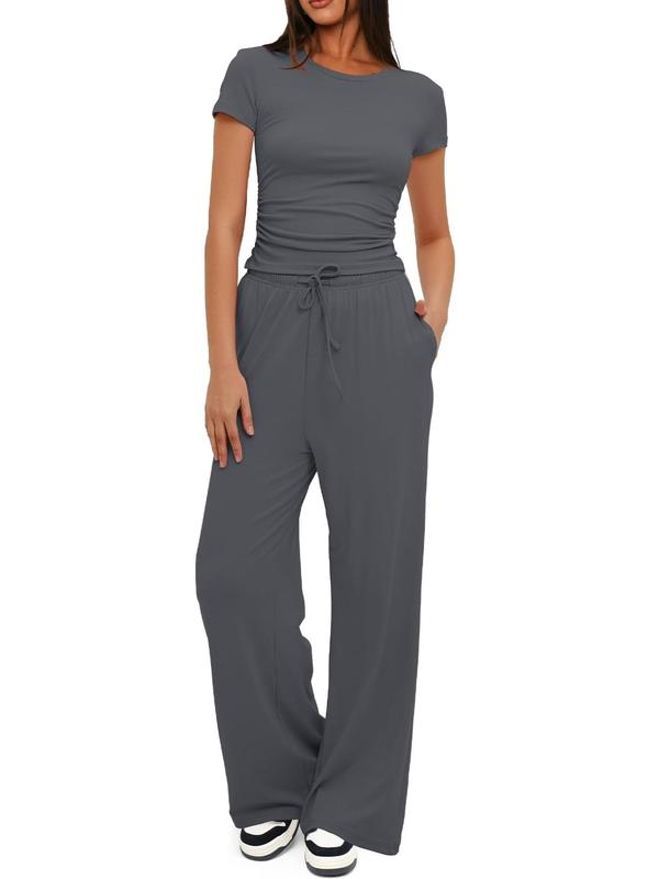 Women's Solid Color Tee & Wide Leg Pants Loungewear Two-Piece Set, Casual Comfy Round Neck Short Sleeve T-Shirt & Trousers PJ Set, Ladies Sleepwear for All Seasons