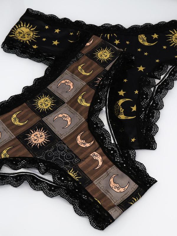 Plus Size Cartoon Sun Print Contrast Lace Panty, Casual Comfy Breathable Knicker for Daily Wear, Underwear for Women, Women's Underwear for All Seasons, Plus Size Fall Wear 2024