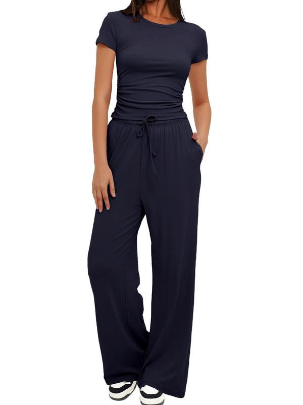 Women's Solid Color Tee & Wide Leg Pants Loungewear Two-Piece Set, Casual Comfy Round Neck Short Sleeve T-Shirt & Trousers PJ Set, Ladies Sleepwear for All Seasons