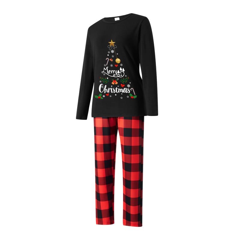 Black Matching Christmas Pajamas For Family, String Lights Christmas Tree Print Long-Sleeved Tops + Elastic Waist Plaid Trousers Romper