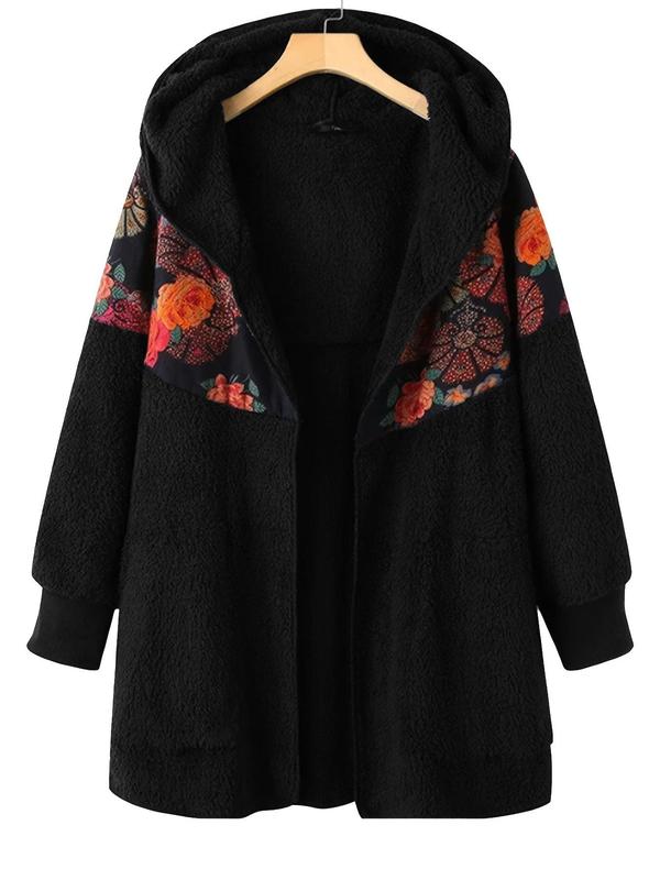 Floral Print Zipper Hooded Jacket, Casual Long Sleeve Open Front Outerwear for Fall & Winter, Women's Clothes for Daily Wear