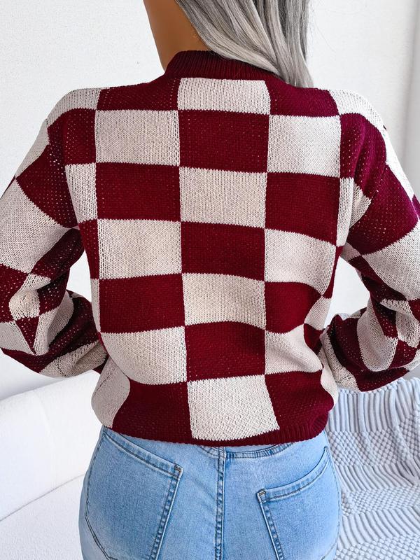 Women's Colorblock Plaid Print Drop Shoulder Sweater Pullover, Casual Long Sleeve Round Neck Jumper for Fall & Winter, Fashion Ladies' Knitwear for Daily Wear