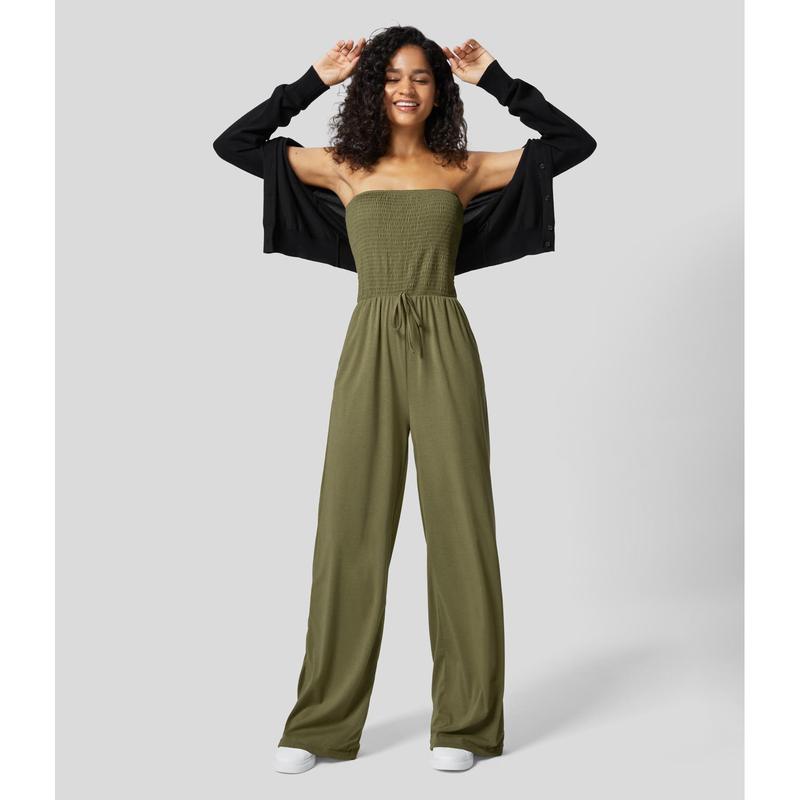 Halara Tube Backless Shirred Knot Side Pocket Wide Leg Casual Jumpsuit