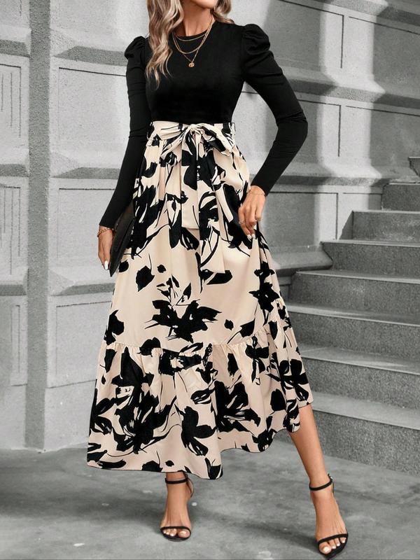 Women's Floral Patchwork Print Belted Ruffle Hem A Line Dress, Elegant Puff Sleeve Round Neck Long Dress for Spring & Fall, Women's Clothing for Daily Wear