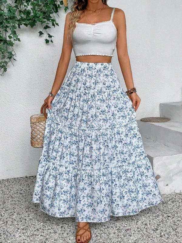 Women's Ditsy Floral Print Frill Trim Skirt, Elegant High Waist Maxi Skirt for Daily Holiday Vacation Wear, Ladies Bottoms for All Seasons