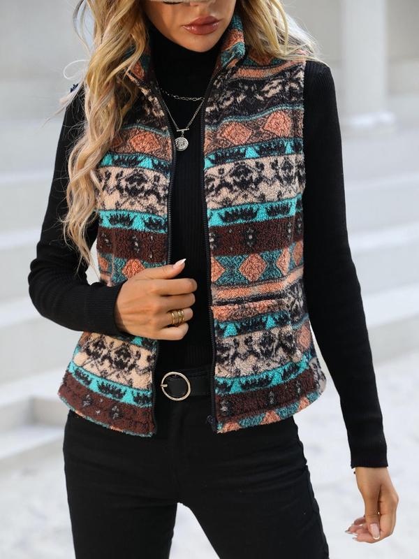 Women's 2024 Fall Ethnic Pattern Zip Up Waistcoat, Vintage Womenswear Vests Tops, Trendy Casual Lady Pocket Design High Neck Fitted Coat for Fall & Winter, Comfort Women Fall & Winter Outfits