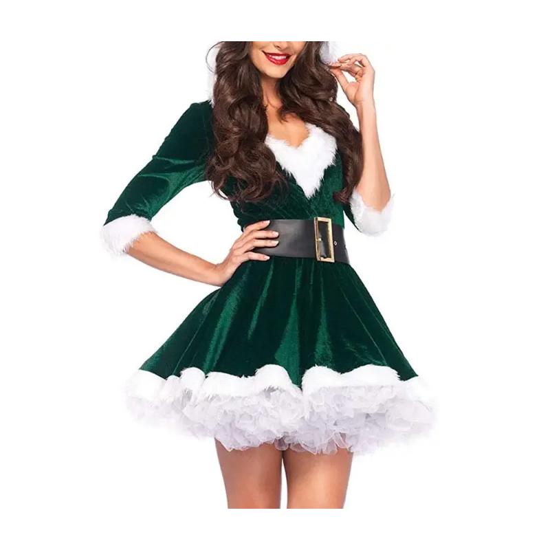 Christmas 2025 Women's Mrs Claus Costume Santa Dress Red Velvet Off Shoulder A-Line Mini Cosplay Outfit