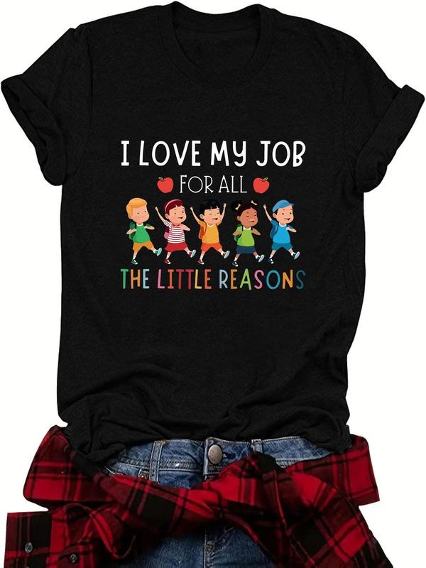 Women's Cartoon Figure & Letter Print Tee, Casual Short Sleeve Round Neck T-shirt, Vintage Graphic Tees, Ladies All Seasons Outfit for Daily Wear