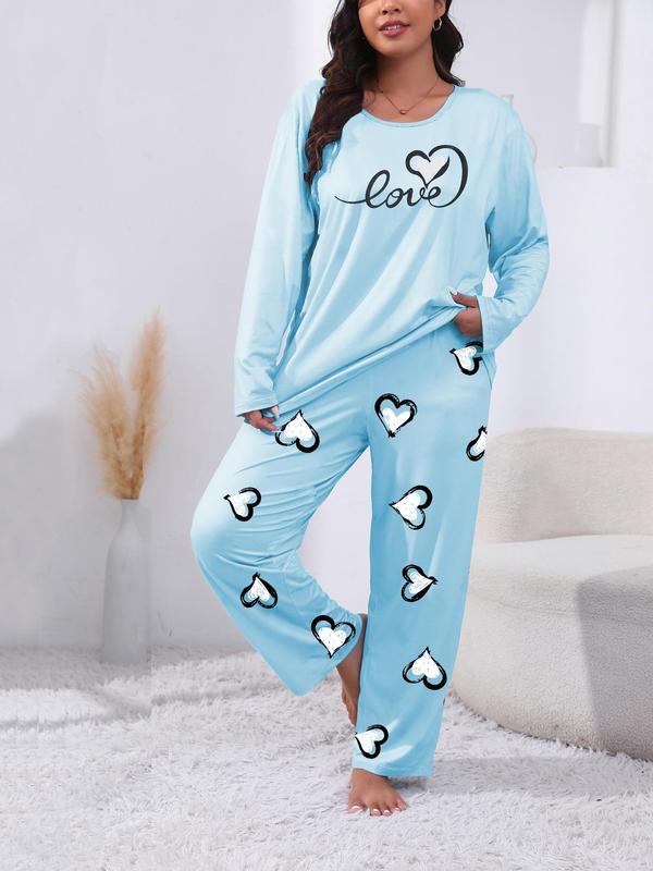  Heart Print Long Sleeve Tee & Elastic Waist Pants Pajama Set, Casual Comfy Round Neck Top & Trousers PJ Set, Women's Sleepwear for Fall & Winter