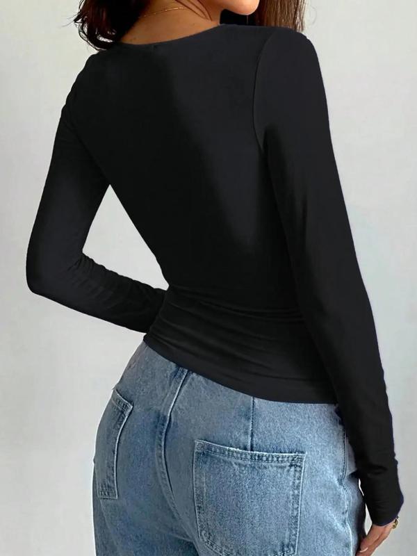 Women's Plain Round Neck Long Sleeve Tee, Casual Crop T-shirt for Daily & Outdoor Wear, Ladies Clothes for All Seasons