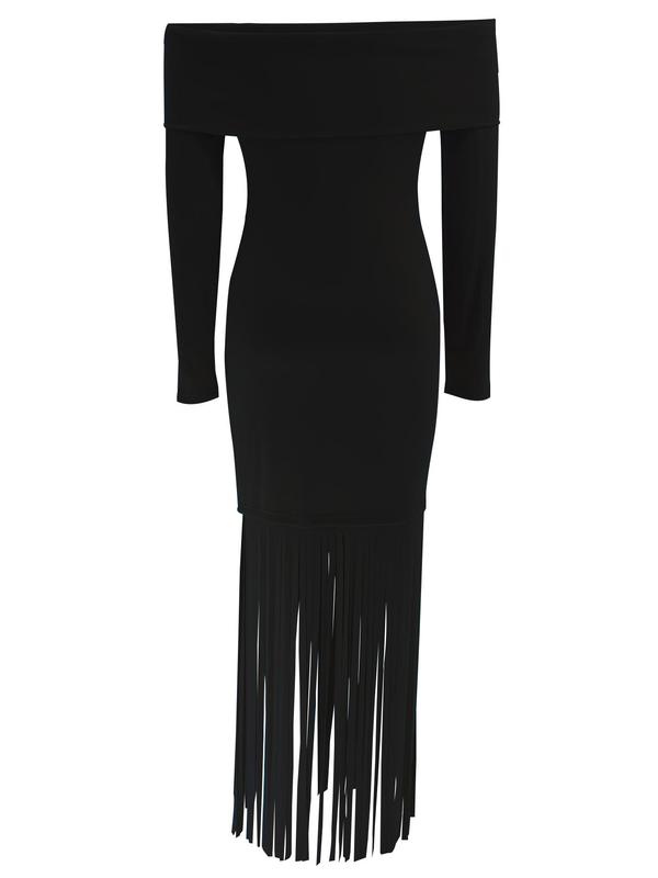 Women's Off The Shoulder Fringe Bodycon Dress, Elegant Long Sleeve Dress for Party Club Dating Wear, Women's Clothing for Fall & Winter