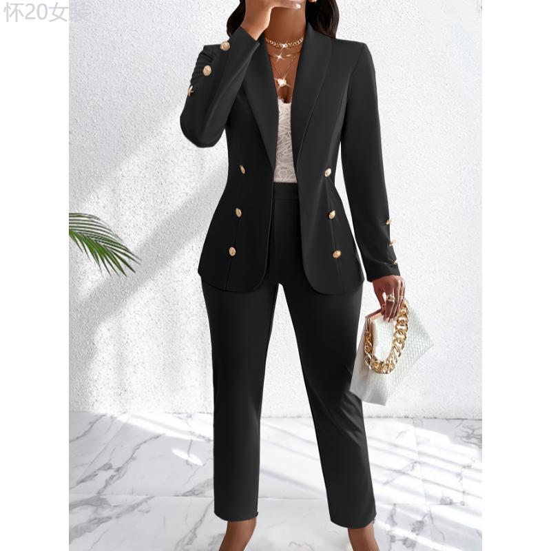 Elegant Women's Polyester Blend Pantsuit Set -  Lapel Blazer with Button Details and Solid Color Trousers (2-Piece Outfit, Knit Fabric, 95% Polyester, 5% Elastane) - For Women - Suitable for Work, Parties, and Formal Occasions - Womenswear Bottom  Bottom