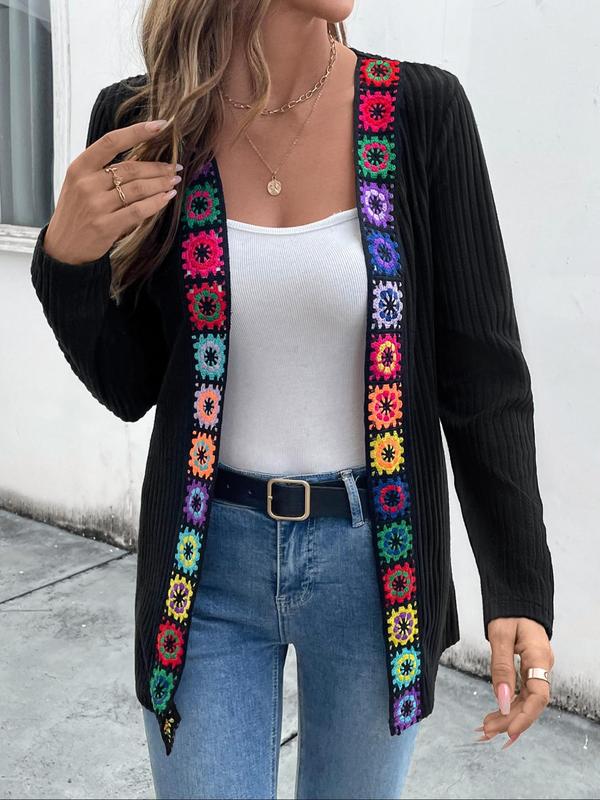 Women's Ethnic Pattern Embroidery Long Sleeve Sweater Cardigan, Elegant Open Front Ribbed Knitwear for Fall & Winter, Fashion Women's Knit Clothing for Daily Wear