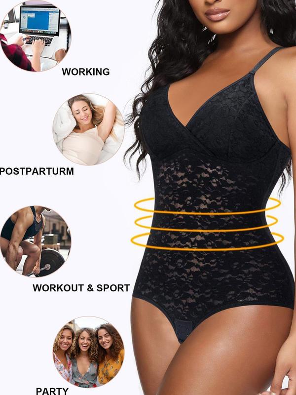 Plus Size Floral Lace Adjustable Strap Shapewear Cami Bodysuit, Breathable Comfortable Hook & Eye Closure Crotch High Stretch Shaper, Women's Shapewear for All Seasons