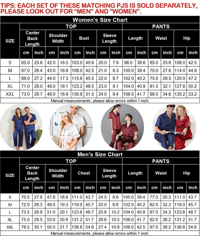 SWOMOG Couples Pajamas Sets Women & Men Satin Short Sleeve Sleepwear Button Down Loungewear Pjs Set with Long Pants Fabric Pajama Set