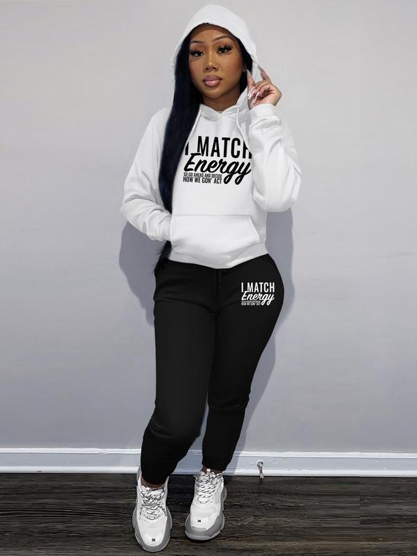 Women's Letter Print Hoodie & Drawstring Waist Sweatpants Set, Casual Long Sleeve Hooded Sweatshirt & Pocket Jogger Pants, Ladies Fall & Winter Clothes