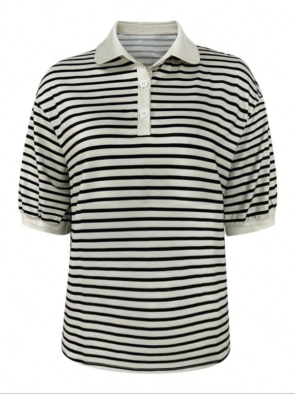 Women's Striped Print Button Front Polo Shirt, Casual Drop Shoulder Half Sleeve Top for Summer, Ladies Clothes for Daily Wear