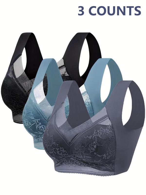 Women's Solid Floral Lace Contrast Mesh Sheer Backless Bra, Casual Comfy Breathable Wireless Lingerie for Daily Wear, Women's Lingerie for All Seasons