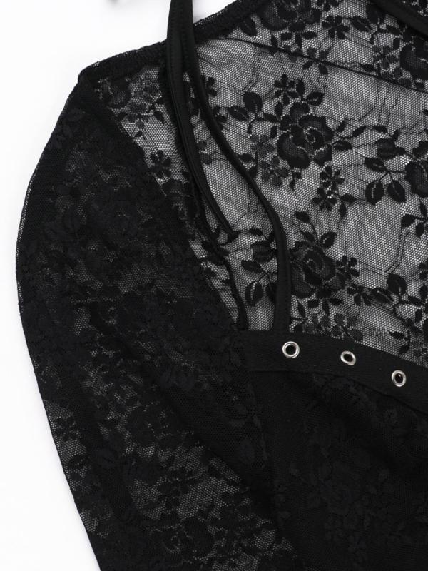 Women's Floral Lace Sheer Tie Back A Line Dress, Long Sleeve Grommet Eyelet Short Dress for Party Club Dating Wear, Women's Clothing for Fall & Winter