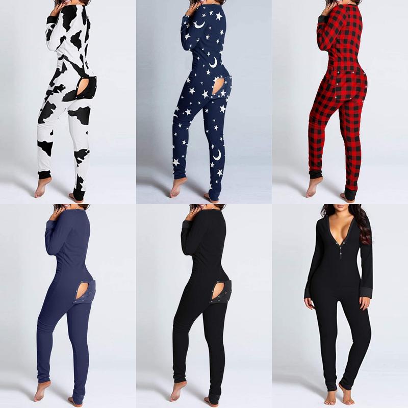 Women's Sexy Butt Button Back Flap Jumpsuit Cute Print V Neck Long Sleeve Romper Xmas Onesie Pjs Christmas Bodycon Pajamas  Holiday Sleepwear Loungewear Homewear Polyester Womenswear Comfortable