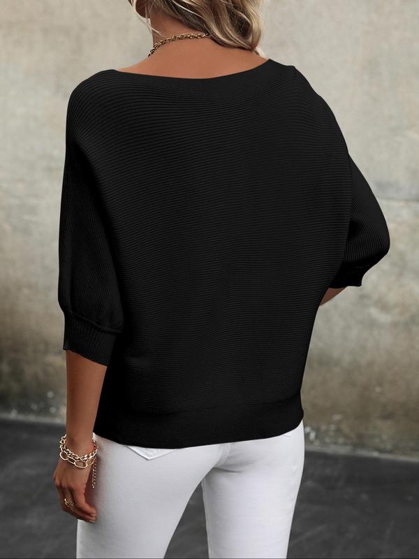 Women's Plain Boat Neck Batwing Sleeve Sweater, Casual Three Quarter Length Sleeve Knit Top for Daily Wear, Ladies Knitwear for Fall,  Women's Sweaters, Sweaters for Women, Off The Shoulder Sweater, Fall Clothing Women