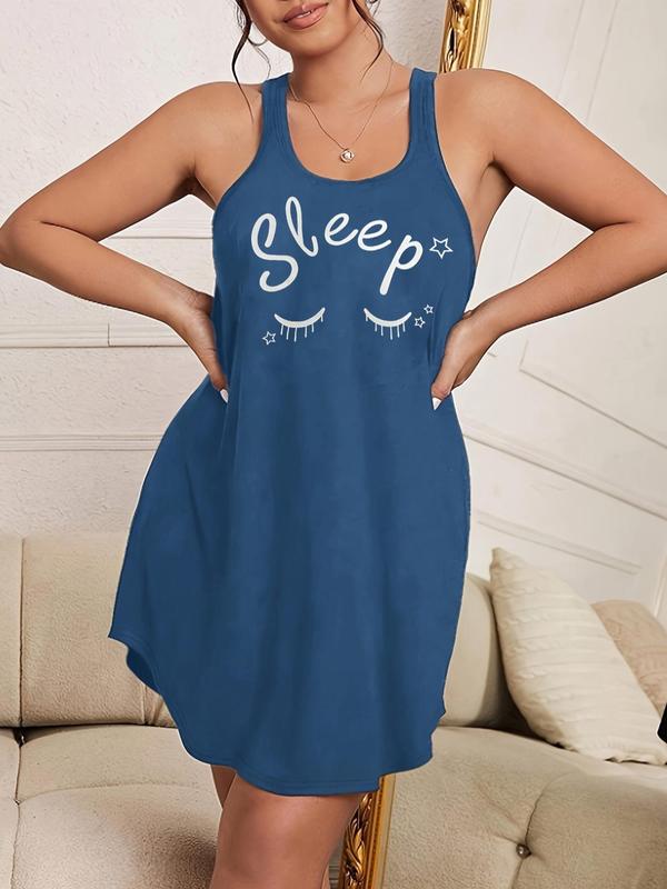  Letter & Cartoon Face Print Tank Nightdress, Casual Soft Comfortable Racer Back Sleeveless Nightgown for Women, Women's Sleepwear for All Seasons