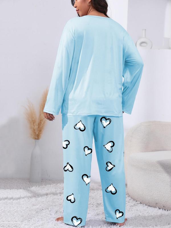  Heart Print Long Sleeve Tee & Elastic Waist Pants Pajama Set, Casual Comfy Round Neck Top & Trousers PJ Set, Women's Sleepwear for Fall & Winter