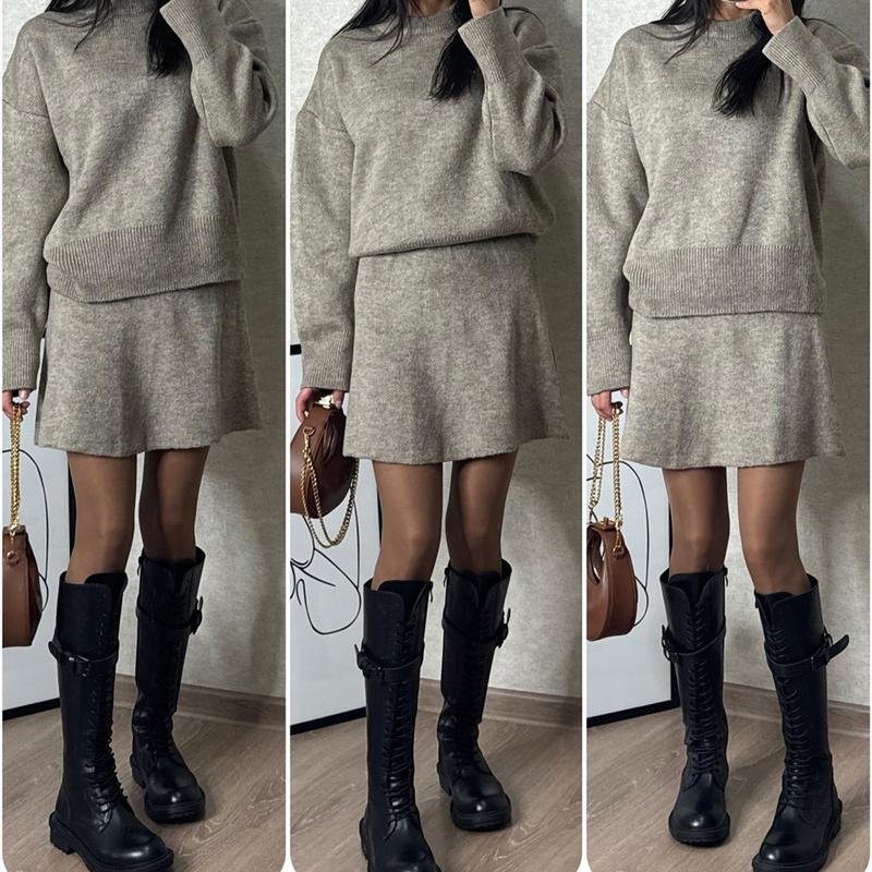 Women's 2 Piece Sweater Skirt Sets Outfits New Solid Color Casual Long Sleeve Ribbed and Knit Dress Cropped Top and Mini Skirt College Style Suit Autumn 24