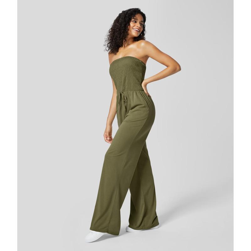 Halara Tube Backless Shirred Knot Side Pocket Wide Leg Casual Jumpsuit