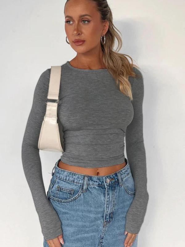 Women's Plain Round Neck Long Sleeve Crop Tee, Casual Solid Crew Neck T-shirt for Spring & Fall, Women's Top for Daily Wear,  90s Clothes