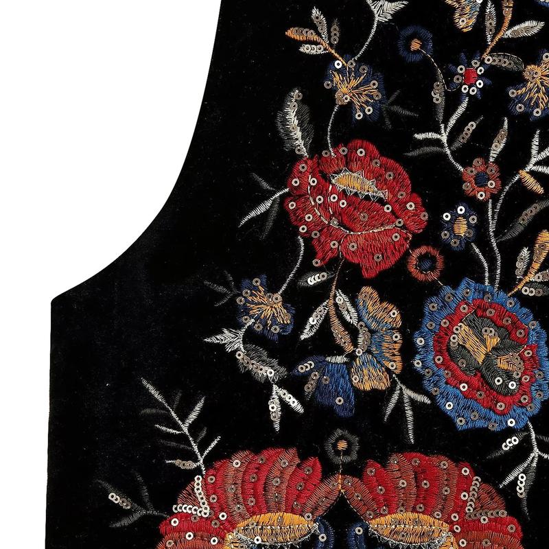 Women Vest Vintage Floral Embroidered Crop Vest Casual National Open Front Sleeveless Cardigan Outerwear Gilet Streetwear