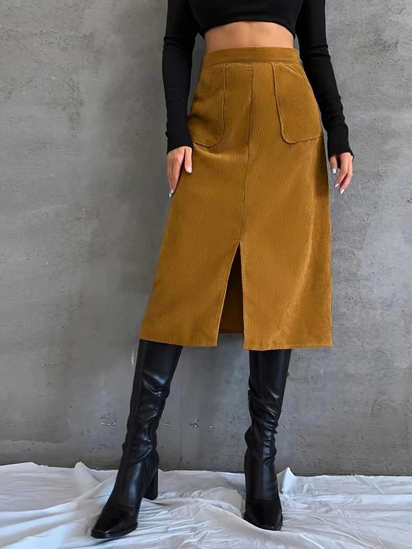 Women's Solid Split Thigh Zipper Corduroy Skirt, Casual Fashion Pocket A Line Skirt for Daily Outdoor Wear, Women's Bottoms for Spring & Fall