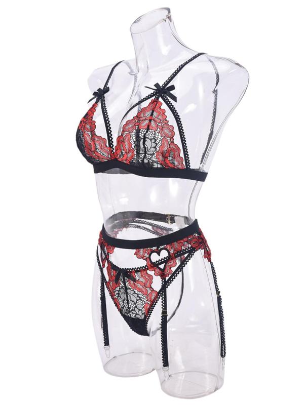 Women's Floral Embroidery Sheer Tulle Sexy Lingerie Three-piece Set, Adjustable Strap Bow Front Bra & Thong & Garter Belt Set, Lingerie Set for Women