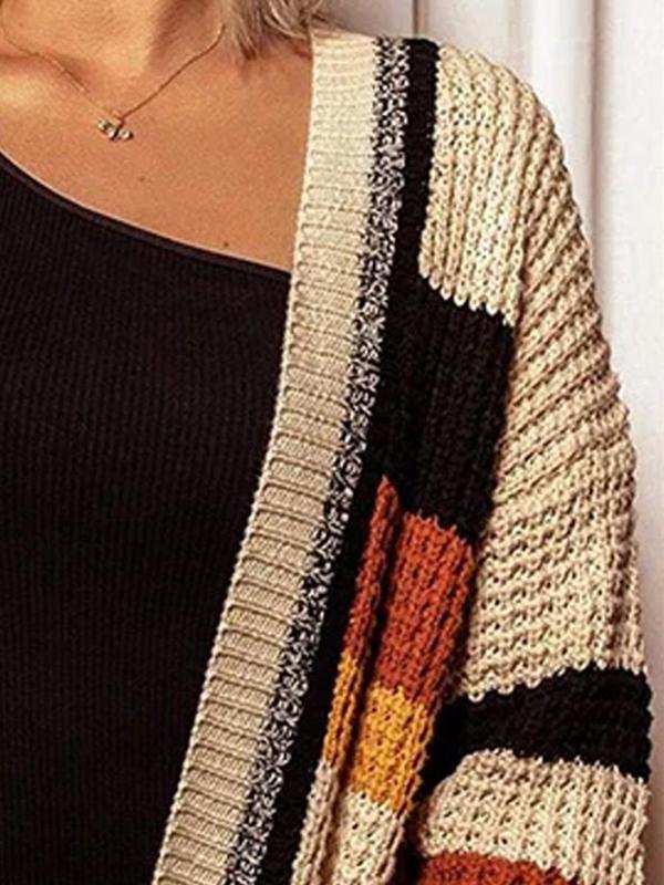 Women's Colorblock Striped Print Drop Shoulder Cardigan, Casual Long Sleeve Open Front Pocket Cardigan Sweater for Fall & Winter, Fashion Ladies' Knit Clothing for Daily Wear